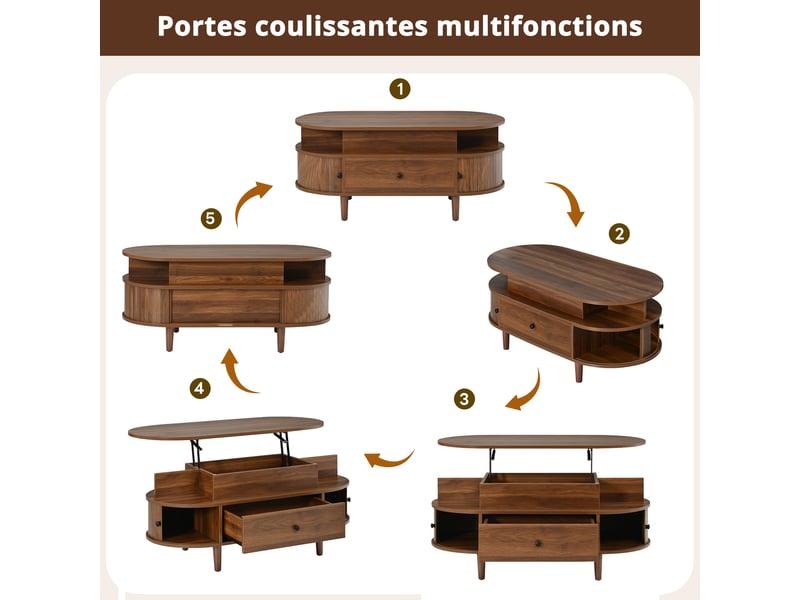  Table basse ovale avec plateau relevable, mdf noyer, tiroir et portes coulissantes  - Conforama W
