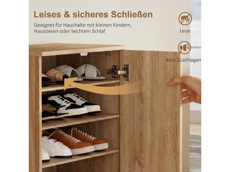  Meuble à chaussures bois naturel 2 portes 6 étagères réglables soft-close pour 14 paires  - Conforama D