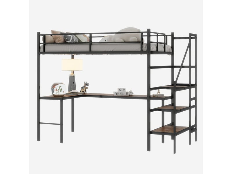  Lit mezzanine 100x200, robuste avec bureau, garde-corps sécurité renforcée, escalier rangements  - Conforama A