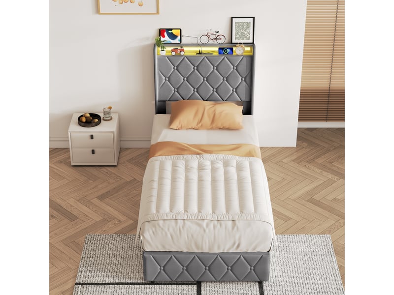 Lit coffre simple 90x200 cm avec tête de lit matelassée et sommier, led et ports usb-c, velours, gris, sans matelas - Conforama E