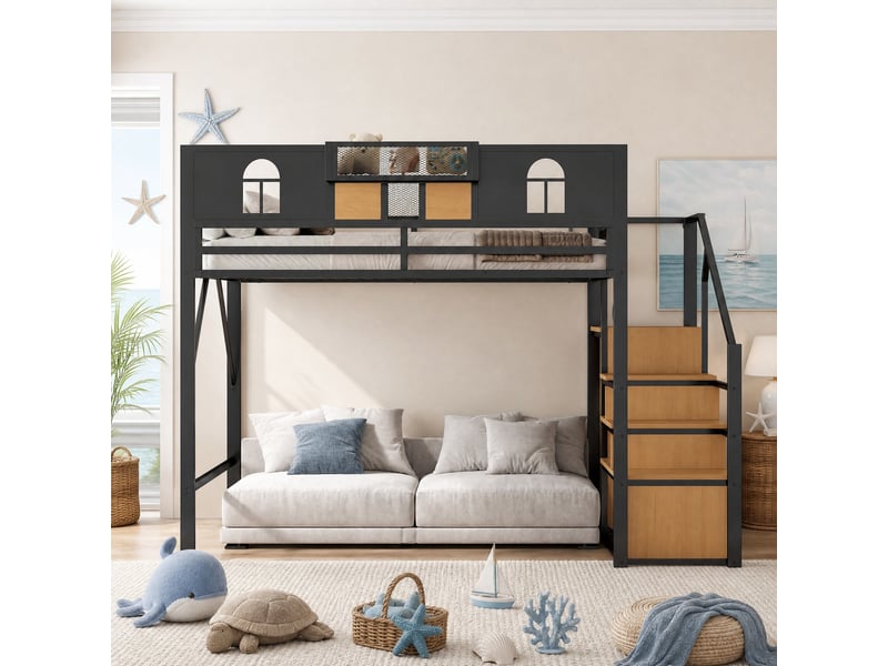 Lit mezzanine 200×140 cm avec escalier de rangement, tablette et espace ouvert sous le couchage, en métal noir  - Conforama C