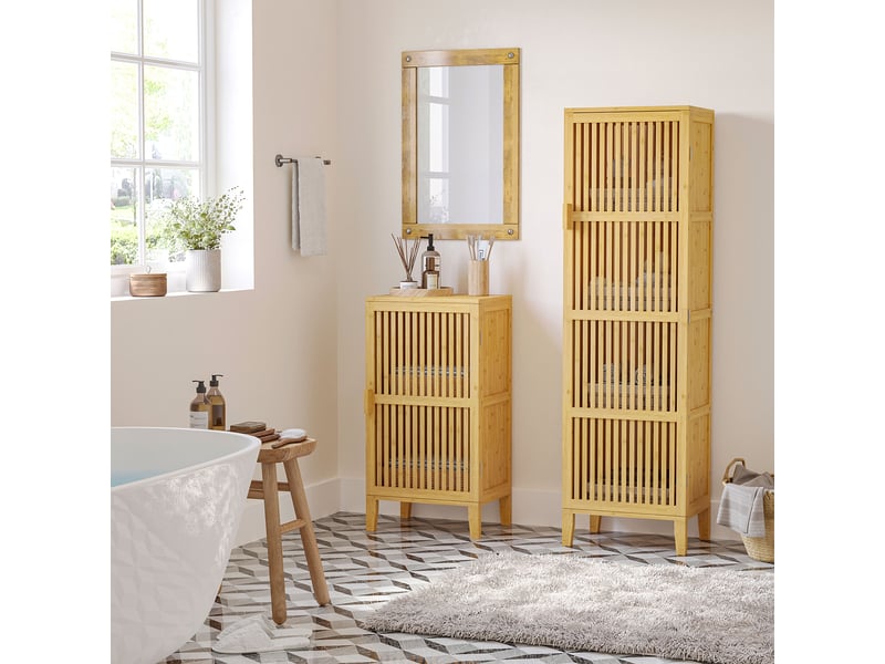  Meuble de rangement en bambou avec étagères et porte à lattes pour salle de bain, chambre, salon, 40 x 30 x 140 cm  - Conforama C