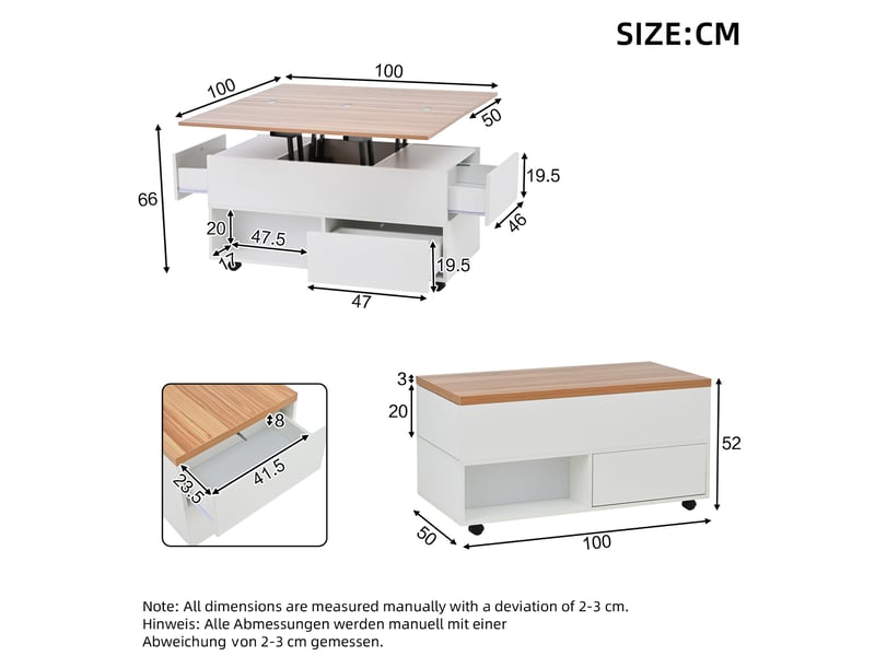  Table basse relevable à roulettes 100x50 cm, 4 tiroirs, blanc et chêne  - Conforama C