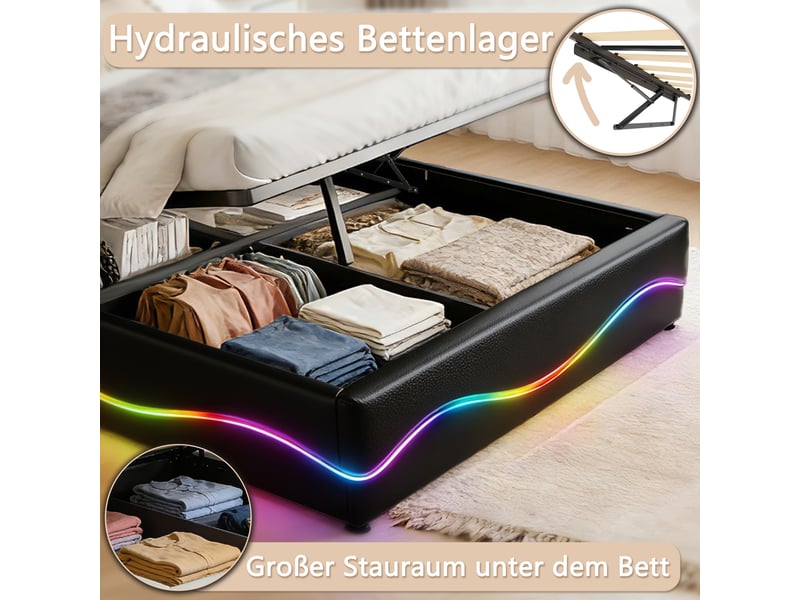  Lit coffre 160x200 cm noir avec rangement, led, ports usb+type-c sans matelas EBD854Q-BK - Conforama R