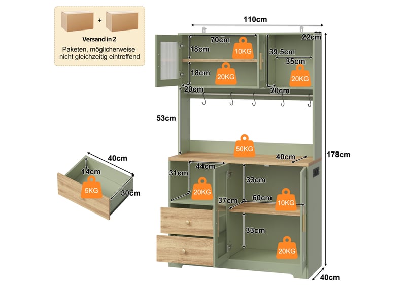  Buffet de cuisine haut avec 4 portes vitrées, 2 tiroirs, led rgb et prises intégrées, vert antique 110 × 40 × 178 cm  - Conforama C