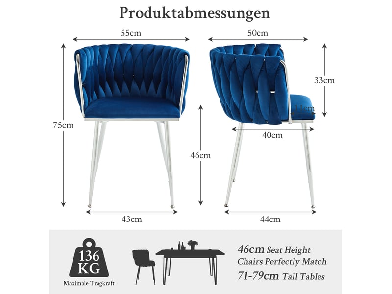  Lot de 2 chaises de salle à manger en velours bleu marine, pieds métalliques argentés  - Conforama C