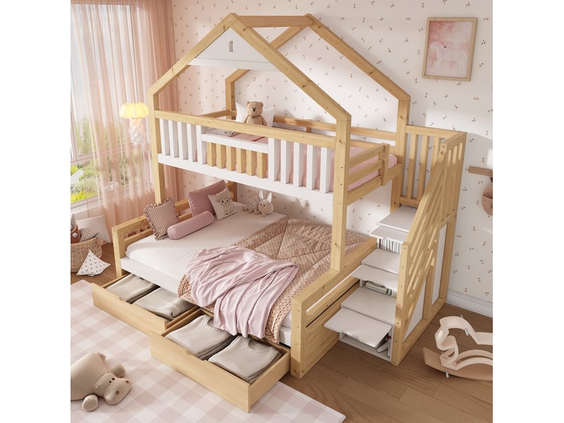  Lit superposé enfant cabane 90x200 et 140x200 cm avec tiroirs blanc et chêne, sans matelas  - Conforama W