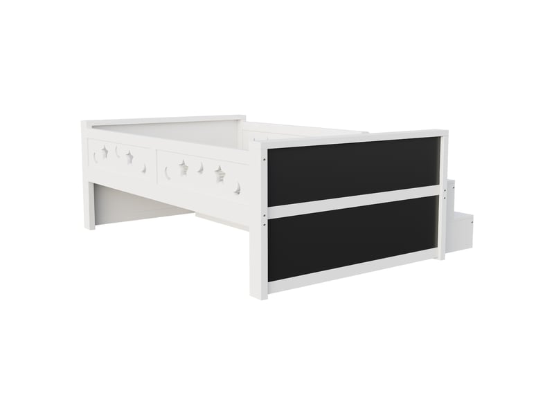 Lit enfant 90 × 200 cm avec 4 tiroirs, led, tableau créatif et barrière de sécurité, sans matelas, blanc - Conforama E