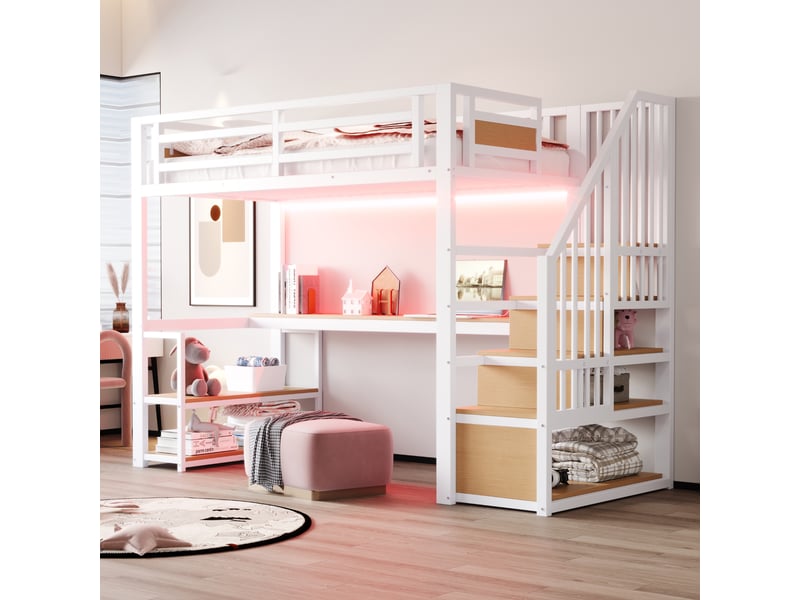 Lit mezzanine 90 x 200 cm, avec led, prise, échelle, étagères, table, barrière, fer, blanc - Conforama B