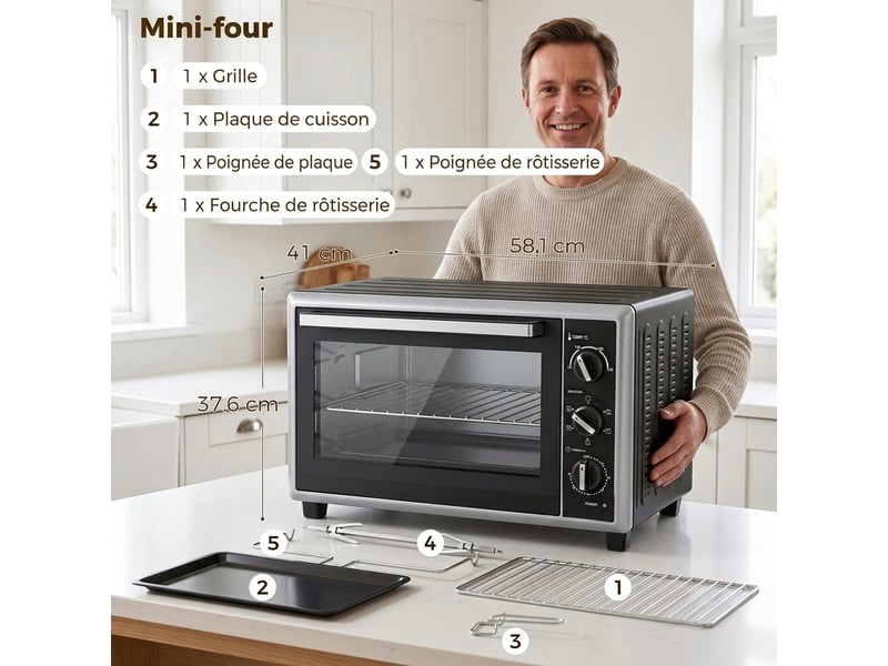  Mini four électrique 46 l à chaleur tournante, tournebroche, 1800 w, noir  - Conforama C