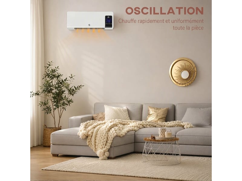  Radiateur soufflant mural chauffage céramique ptc - 1000 w 2000 w oscillation minuterie avec télécommande blanc  - Conforama W