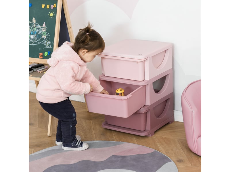  Boîtes de rangement pour enfants, 3 tiroirs, bords arrondis, motif en relief, 37 x 37 x 56,5 cm, rose  - Conforama B