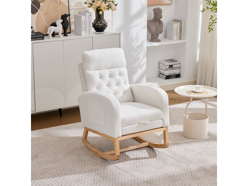  Fauteuil d'allaitement à bascule en bouclette blanc avec repose-pieds, chaise relax scandinave chambre bébé  - Conforama B