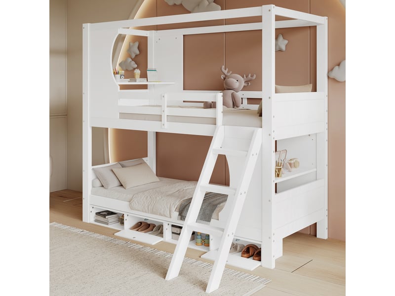 Lit superposé enfant 90x200 cm avec 2 bureaux et meuble à chaussures 4 compartiments, bois, blanc,sans matelas - Conforama W