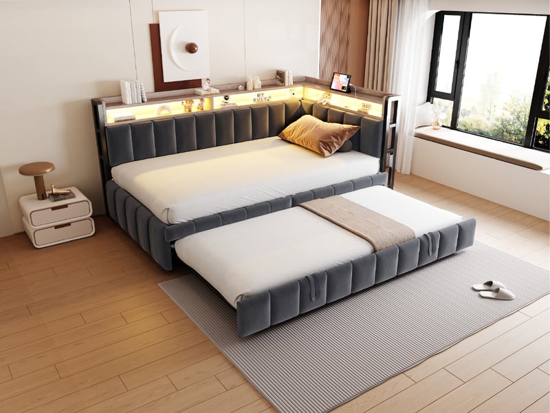  Lit rembourré 90 x 200 cm avec lit gigogne, led, rangements tête et pied, ports usbusb-c, velours gris foncé  - Conforama B