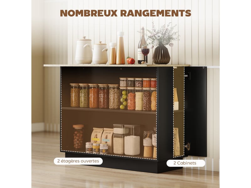  Îlot de cuisine 2 placards 2 étagères ouvertes noir et effet bois 105 x 60 x 82 cm  - Conforama D