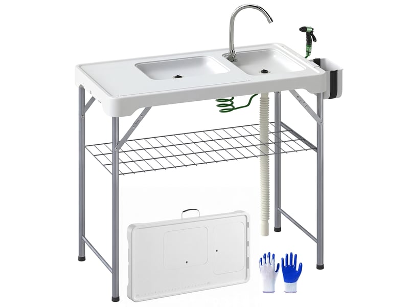  Table de camping pliante avec 2 éviers, tuyau d'évacuation, station de nettoyage et robinet (blanche)  - Conforama A