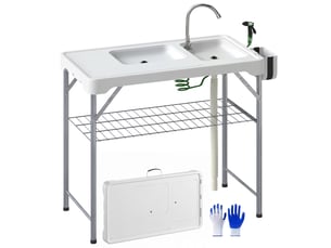 Table de camping pliante avec 2 éviers, tuyau d'évacuation, station de nettoyage et robinet (blanche)