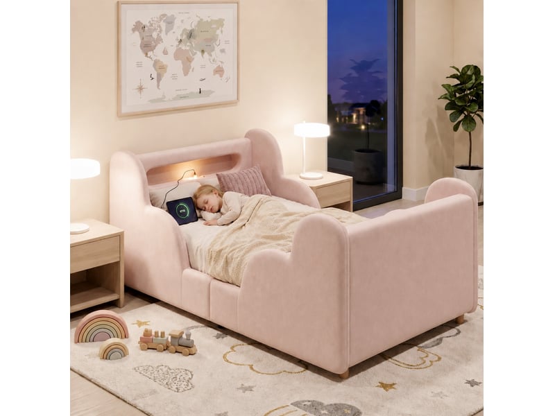  Lit enfant 90x200 cm, tête de lit usb et veilleuse, lit simple, barrière de sécurité, finition velours rose, sans matelas  - Conforama D