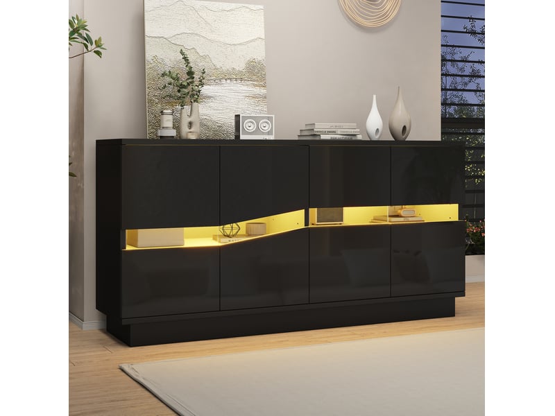 Buffet 4 portes noir brillant avec éclairage led bluetooth 140 x 35 x 70 cm - Conforama B