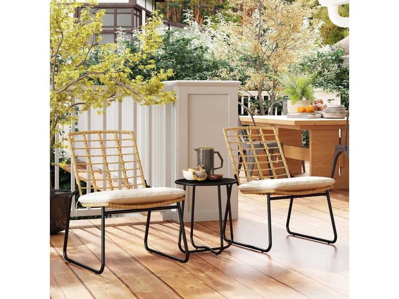  Salon de jardin 3 places en résine tressée beige avec fauteuils empilables et coussins déhoussables  - Conforama B
