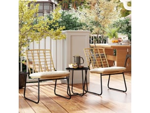 Salon de jardin 3 places en résine tressée beige avec fauteuils empilables et coussins déhoussables