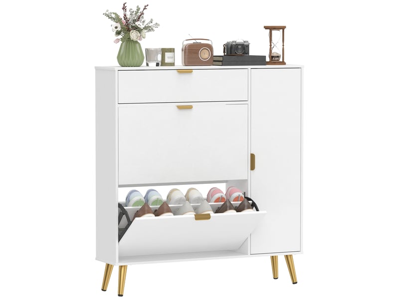  Meuble à chaussures 12 paires, armoire à chaussures, 2 tiroirs rabattables, 4 compartiments, 99,4x23,8x106,6cm, blanc  - Conforama A