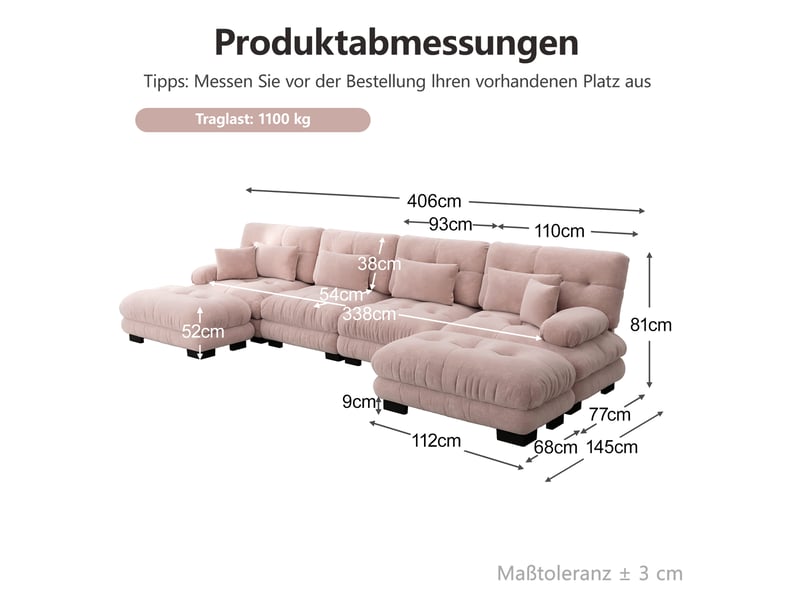  Canapé modulable modenvie 4 places en chenille rose 406 x 145 x 81 cm avec poufs mobiles  - Conforama C