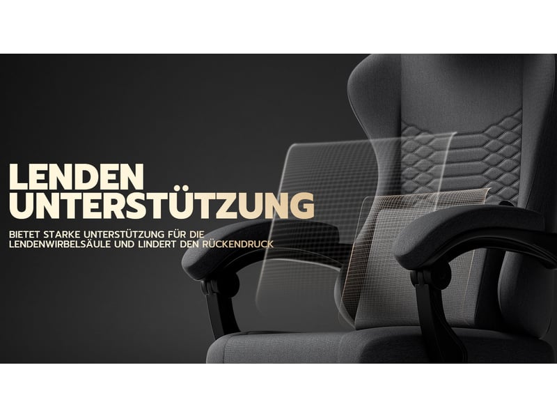  Chaise gaming en tissu noir avec repose-pieds rétractable, dossier inclinable et soutien lombaire intégré  - Conforama E