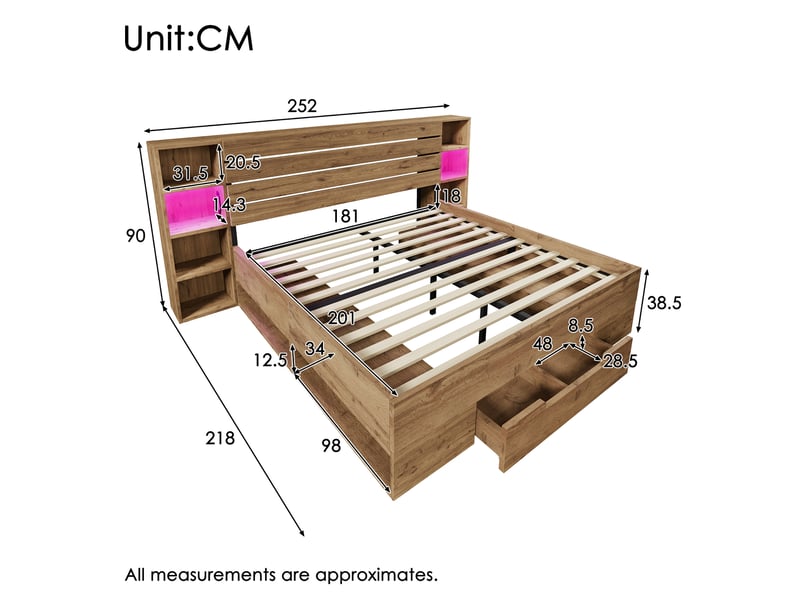  Lit double 180 x 200 cm chêne avec rangement, led, usb et type-c  - Conforama E