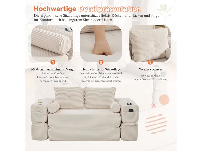  Canapé convertible 2 places en velours côtelé beige avec tiroir intégré et accoudoirs amovibles  - Conforama D