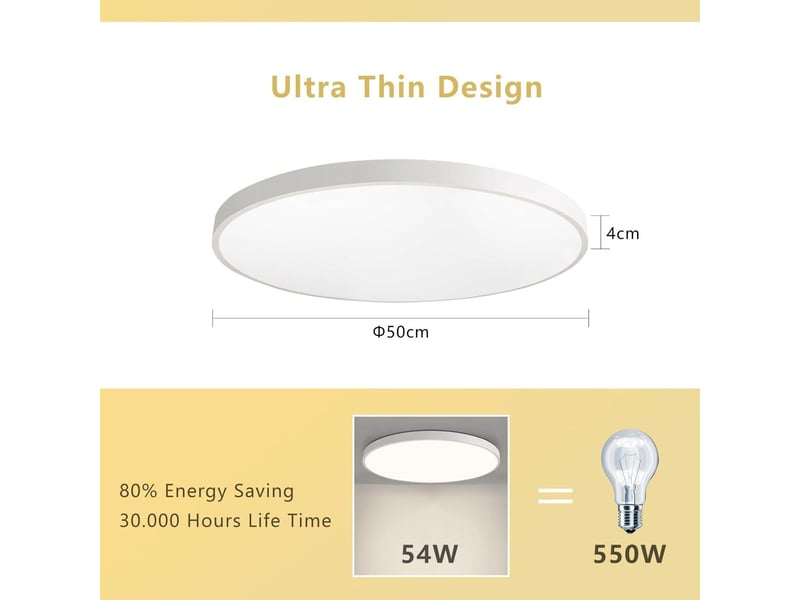  Plafonnier led 54 w plat et rond blanc ø 50 cm | luminaire moderne blanc naturel 4000 k.  - Conforama C