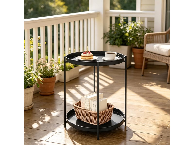  Table d'appoint ronde 44x44x53 cm à 2 plateaux amovibles en métal noir  - Conforama B