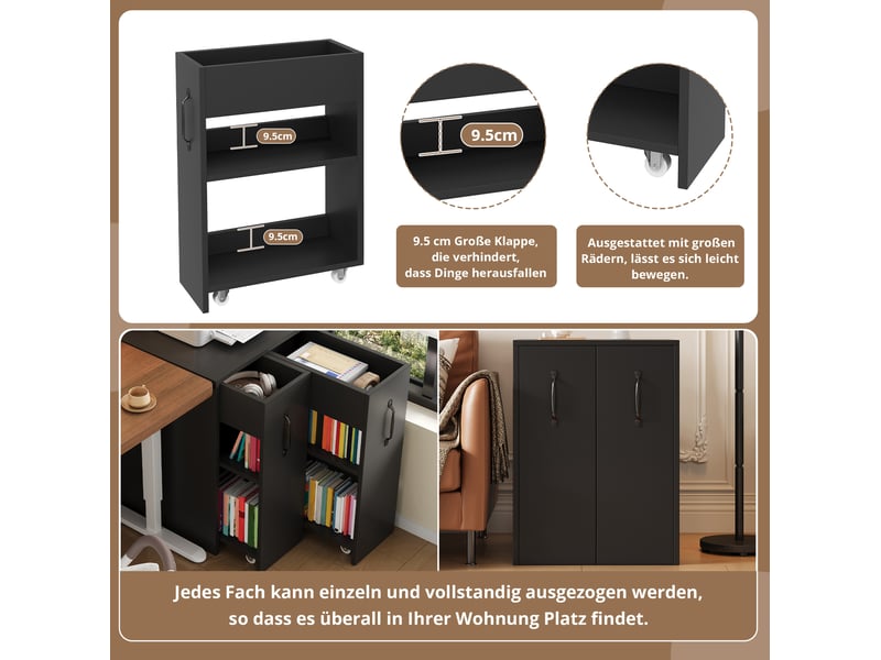  Petite bibliothèque sur roulettes 52x50x75 cm, meuble salon et bureau, style moderne, grande capacité, aggloméré, noir  - Conforama E