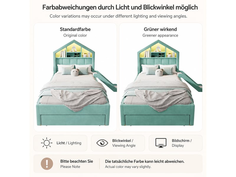  Lit enfant 90x200 en velours avec toboggan,led,chargeur, rangement tête de lit, grand coffre,cadre de lit cabane,bleu-vert  - Conforama D