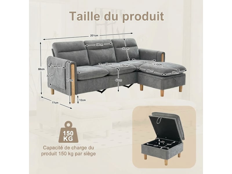  Canapé d'angle 3 places avec méridienne réversible 201 cm rangement intégré gris clair  - Conforama C