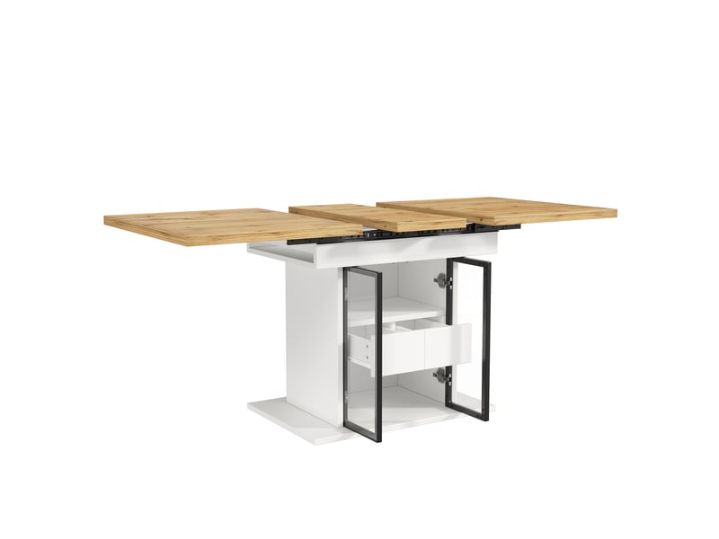 Table à manger extensible 110-140 x 80 cm avec rangement, led rgb via application, 2 tiroirs, portes coulissantes vitrées, structure blanche - Conforama D