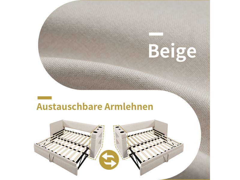 Lit gigogne 90x200 cm - lit banquette rembourré avec usbtype-c, porte-gobelets et lit d'appoint - beige - Conforama R