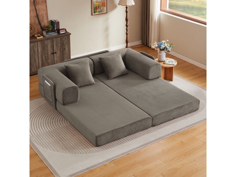  Canapé-lit convertible canapé modulable 2 places canapé au sol canapé compressé en velours côtelé avec poches, taupe  - Conforama D
