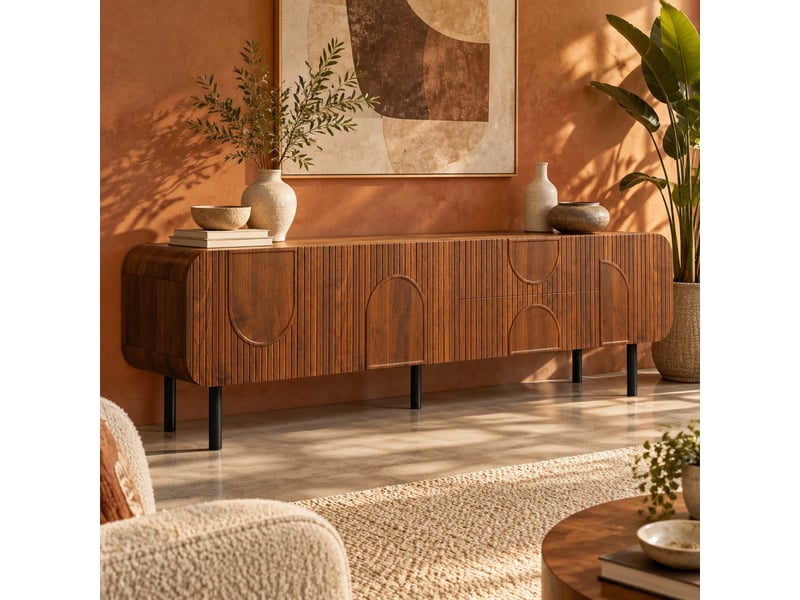  Meuble tv 180x40x47.5 cm avec 3 portes et 2 tiroirs en mdf et panneaux de particules noyer  - Conforama C