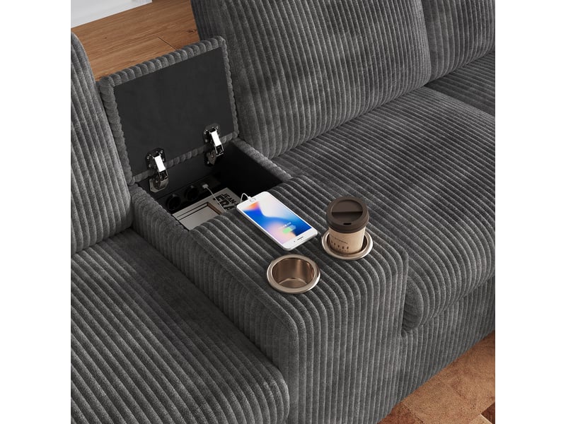 Canapé d'angle en u canapé modulable 4 places en velours côtelé avec 2 poufs de rangements 2 porte-gobelets ports usb, gris  - Conforama R