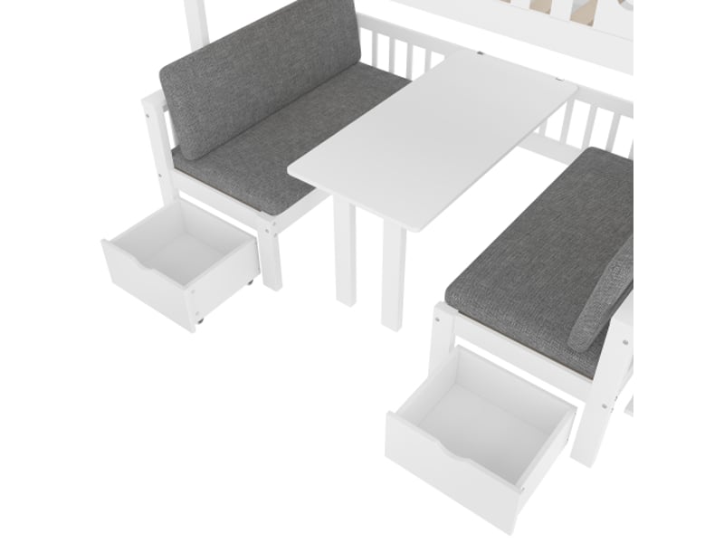  Lit mezzanine multifonction 90x200 cm – 2 en 1 lit et bureau, escalier de rangement, barrière étoiles et lune, blanc  - Conforama E