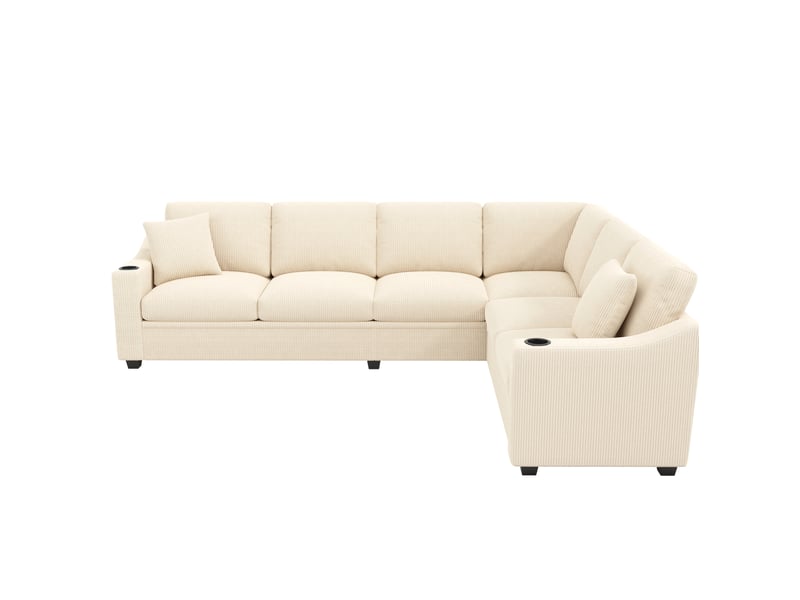  Canapé d’angle modulaire 277 x 215 x 85 cm, 6 places, usb type-c, 2 porte-gobelets, 2 coussins, velours côtelé beige  - Conforama A