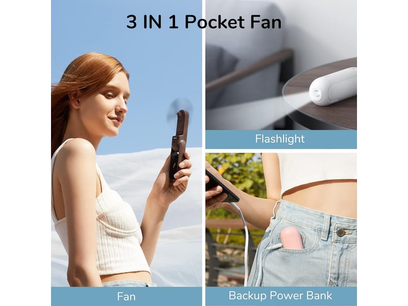  Mini ventilateur portatif avec batterie externe, fonction lampe de poche-rose  - Conforama E