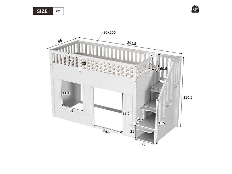  Lit superposé enfant 90x200 cm, avec escalier de rangement, un seul sommier, bois et mdf, blanc, sécurisé, sans matelas  - Conforama C