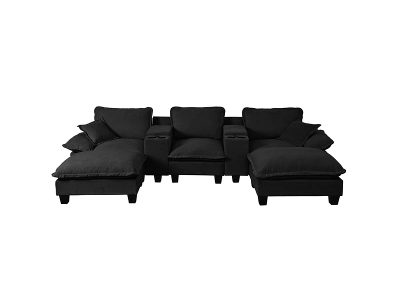  Canapé modulable en u modenvie 5 places en tissu chenille noir avec 2 ottomans, 2 coussins, usb, rangement et porte-gobelets, 323 x 155 x 90 cm  - Conforama A