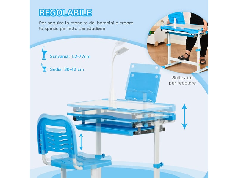  Bureau d'écolier avec chaise pour enfants de 6 à 12 ans, hauteur et inclinaison réglables, bleu  - Conforama E