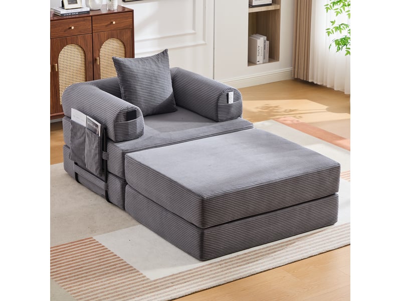  Fauteuil 1 place modulable ulevr en velours côtelé avec pouf, coussin et poche latérale, 190 x 112 x 67 cm, gris foncé  - Conforama B