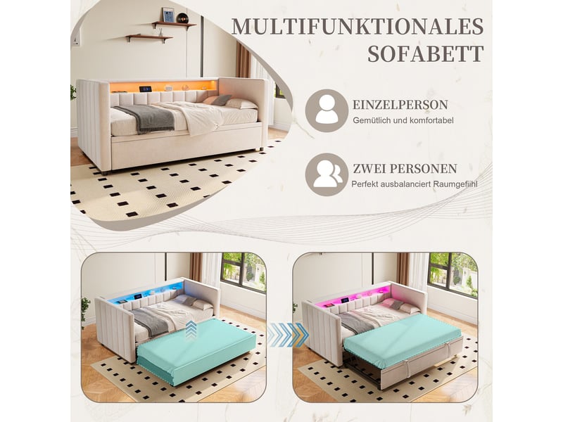  Canapé gigogne 90x190, gain d'espace lit gigogne, rangement intégré, revêtement velours beige, ports usb type-c, éclairage led  - Conforama E