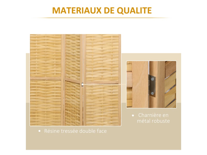  Paravent en bois séparateur de pièce closion de séparation pliable 4 panneaux en bambou naturel clair 160 x 170 cm  - Conforama E